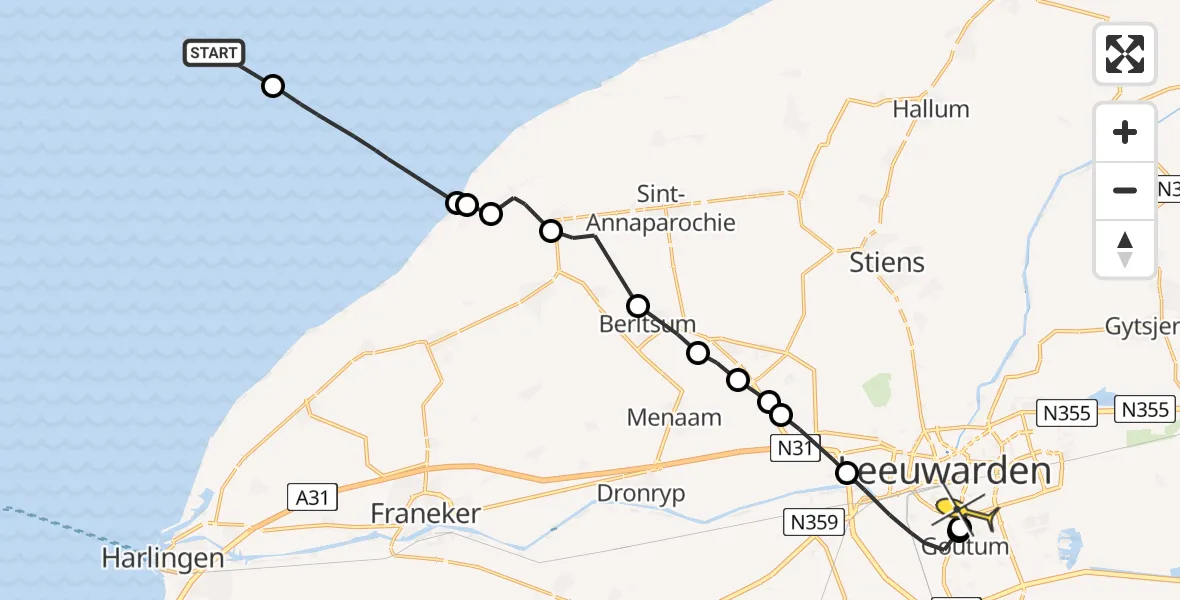 Routekaart van de vlucht: Ambulanceheli naar Leeuwarden, Borniastraat