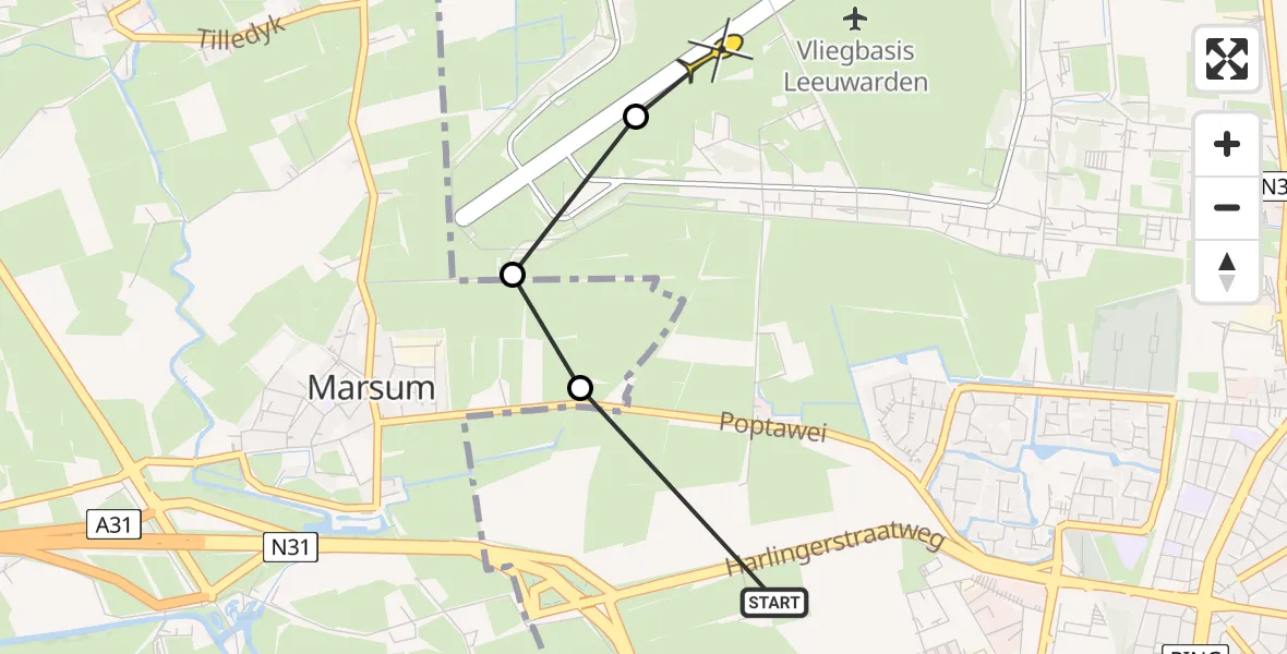 Routekaart van de vlucht: Ambulanceheli naar Vliegbasis Leeuwarden, Ljouwerterdyk