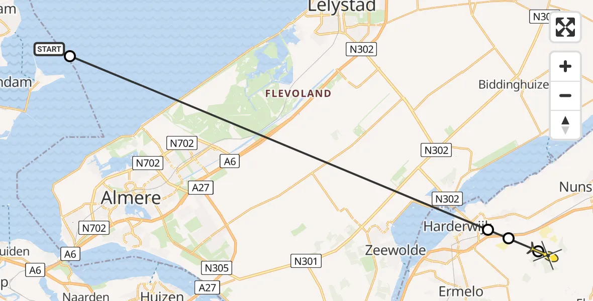 Routekaart van de vlucht: Politieheli naar Hulshorst, Markermeer