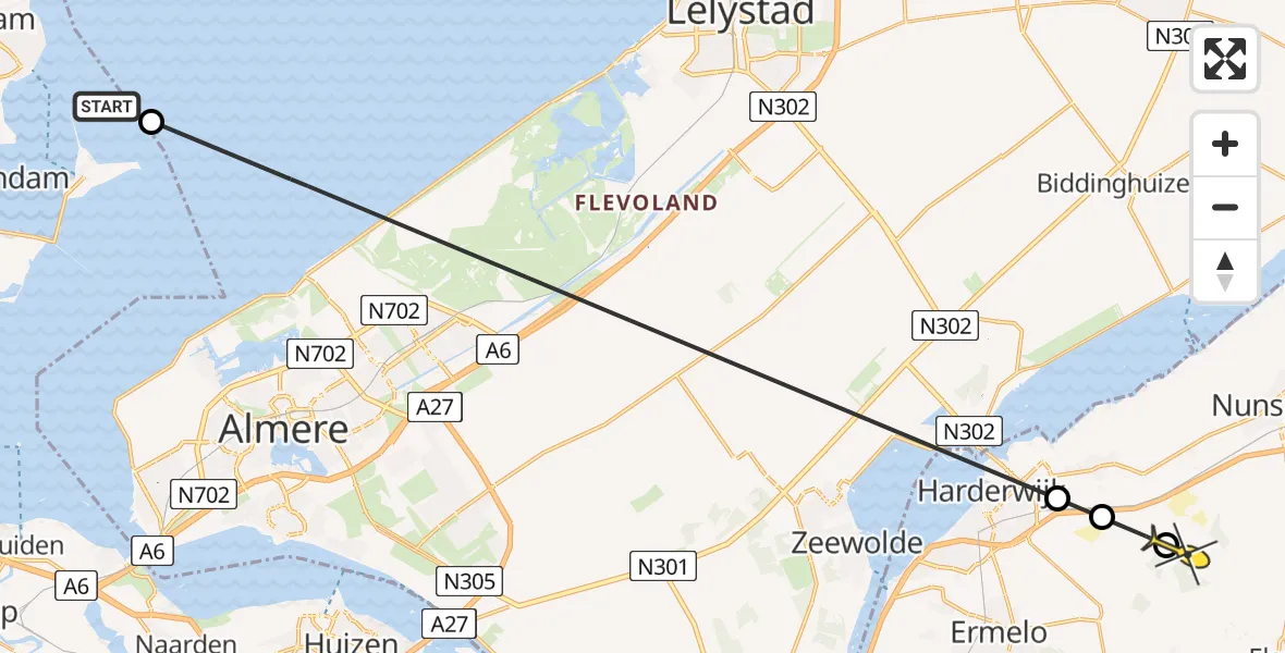 Routekaart van de vlucht: Politiehelikopter naar Hulshorst, Markermeer