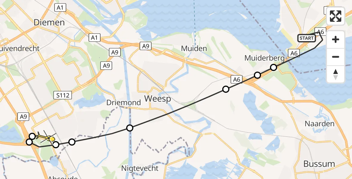 Routekaart van de vlucht: Lifeliner 1 naar Academisch Medisch Centrum (AMC), 1e Blanchardbrug