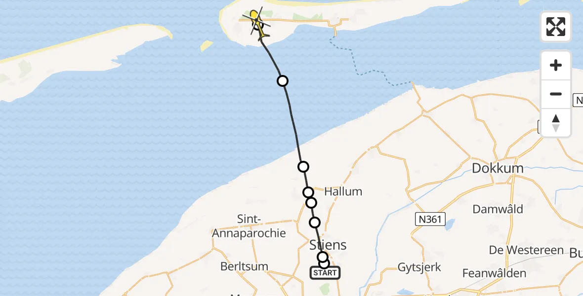 Routekaart van de vlucht: Ambulanceheli naar Ameland Airport Ballum, Brédyk