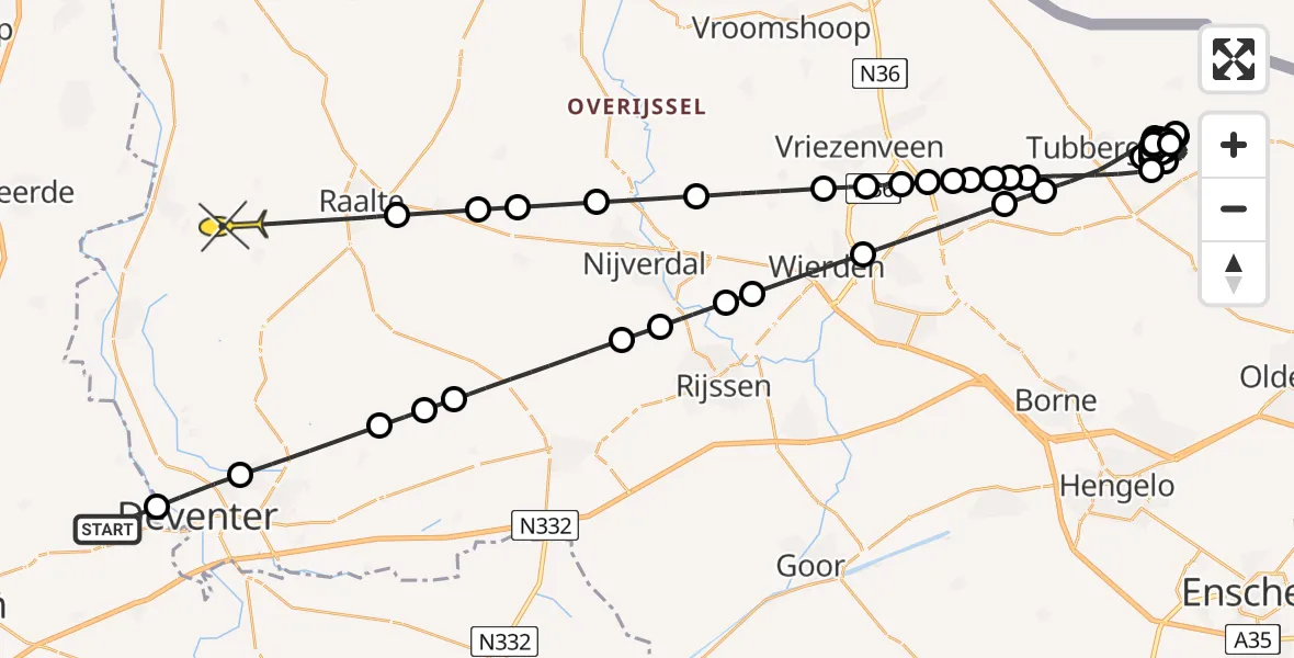 Routekaart van de vlucht: Politieheli naar Wijhe, Terwoldseweg