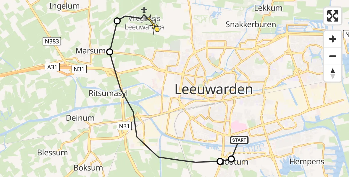 Routekaart van de vlucht: Ambulancehelikopter naar Vliegbasis Leeuwarden, Overijsselseweg
