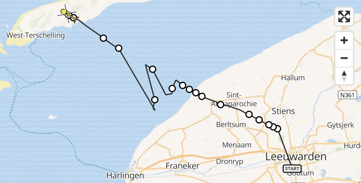 Routekaart van de vlucht: Ambulanceheli naar Midsland, Bitgumerlân