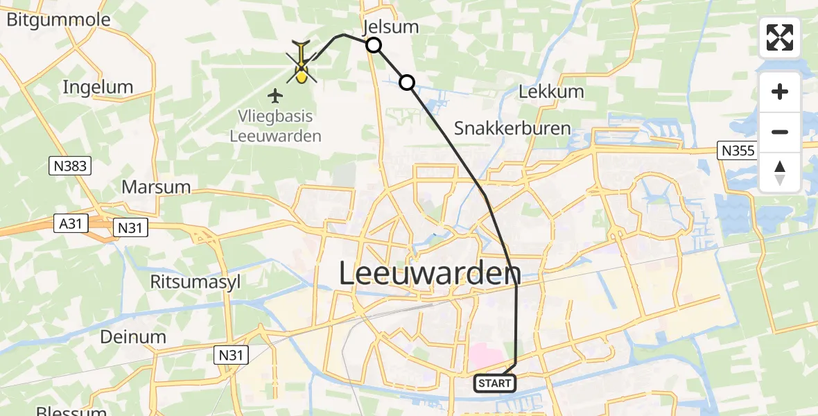 Routekaart van de vlucht: Ambulanceheli naar Vliegbasis Leeuwarden, Willem Lodewijkstraat