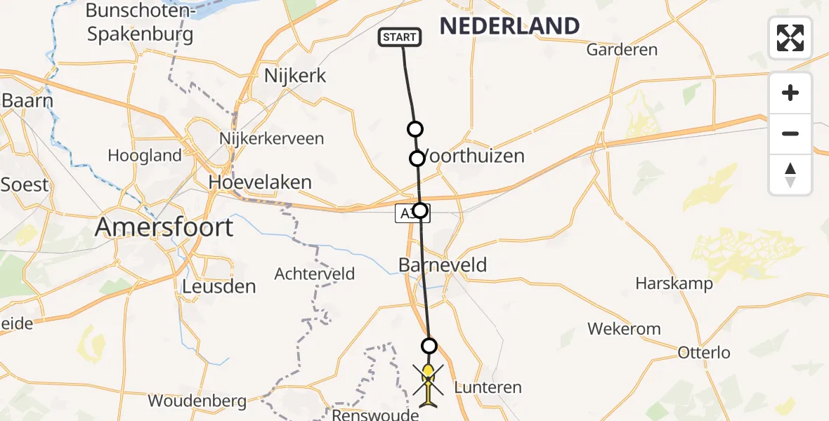 Routekaart van de vlucht: Ambulancehelikopter naar Lunteren, Beulekampersteeg