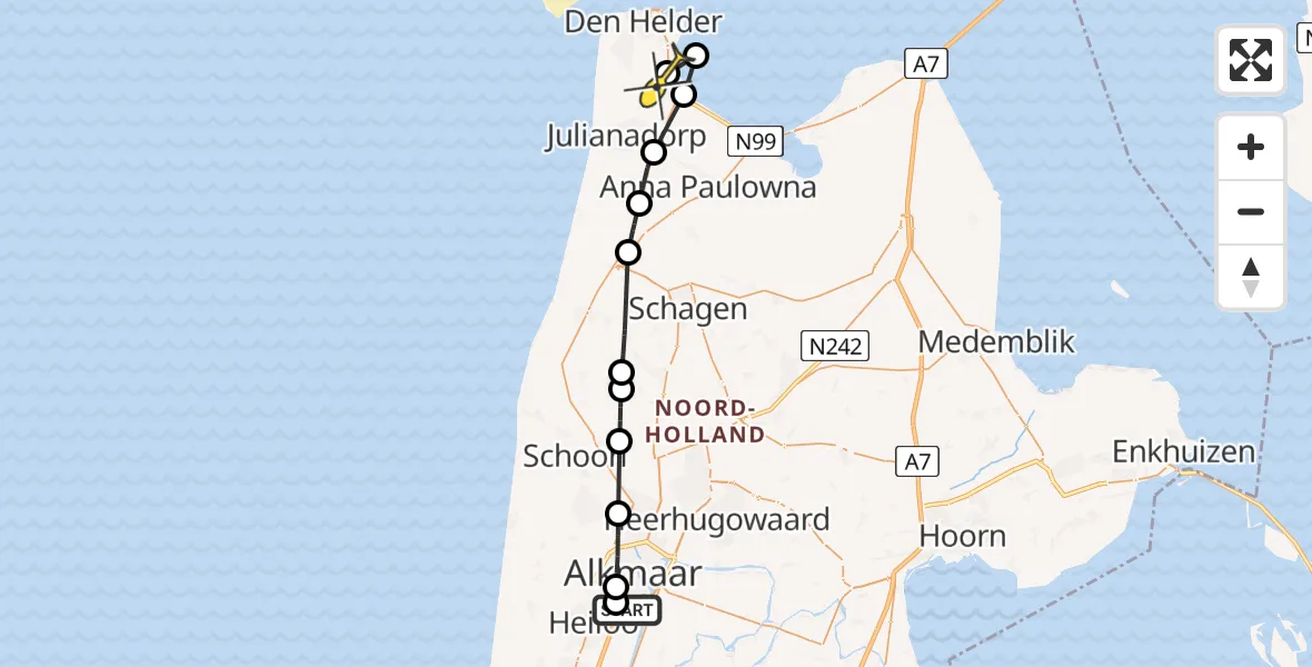 Routekaart van de vlucht: Kustwachthelikopter naar Vliegveld De Kooy, Heilooër Tolweg