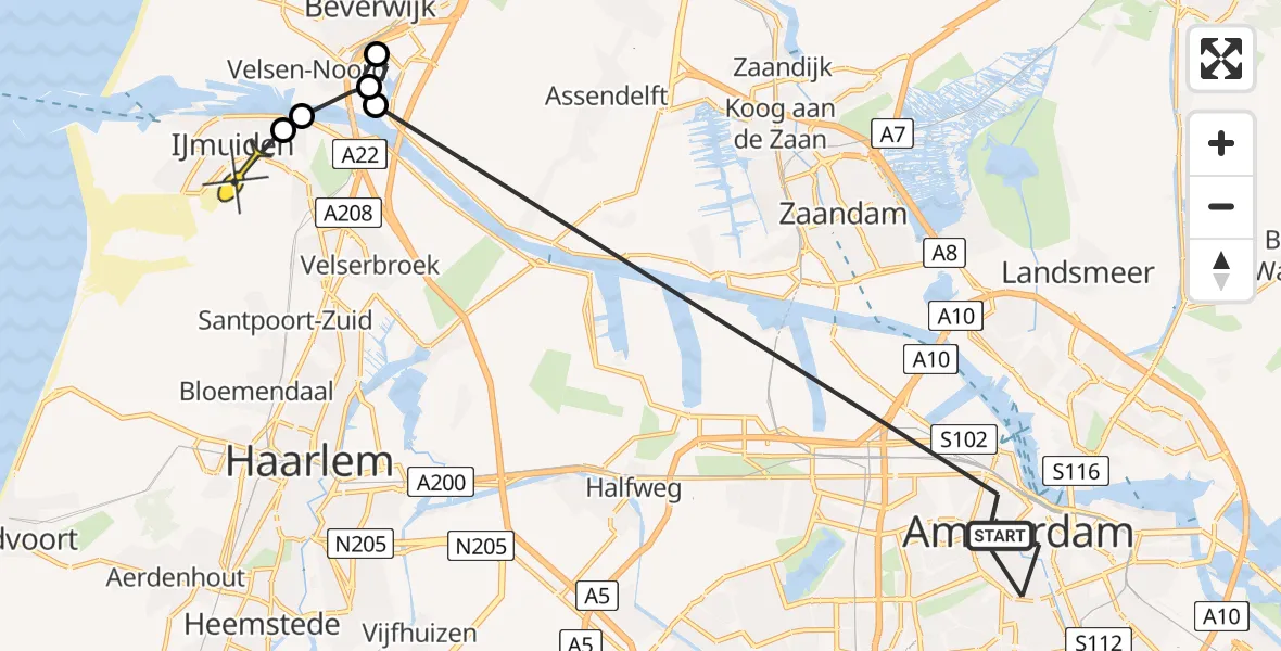 Routekaart van de vlucht: Politiehelikopter naar IJmuiden, Den Texstraat