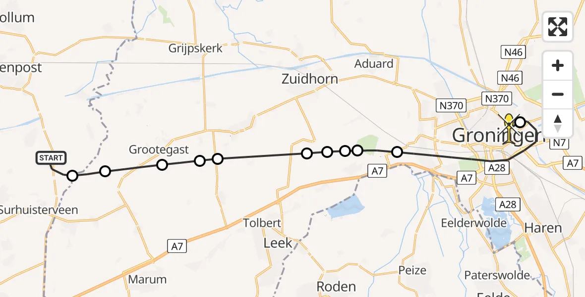 Routekaart van de vlucht: Lifeliner 4 naar Universitair Medisch Centrum Groningen, Suderheawei