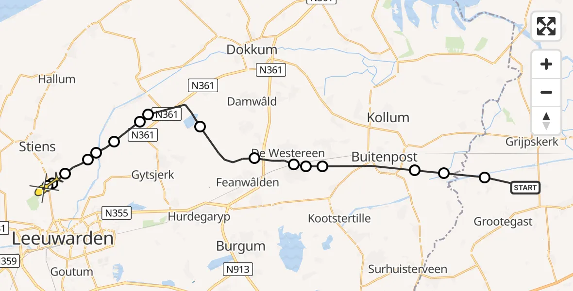 Routekaart van de vlucht: Ambulancehelikopter naar Vliegbasis Leeuwarden, 't Honderd