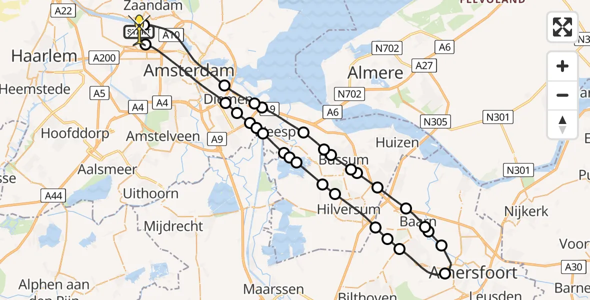 Routekaart van de vlucht: Lifeliner 1 naar Amsterdam Heliport, Corsicaweg