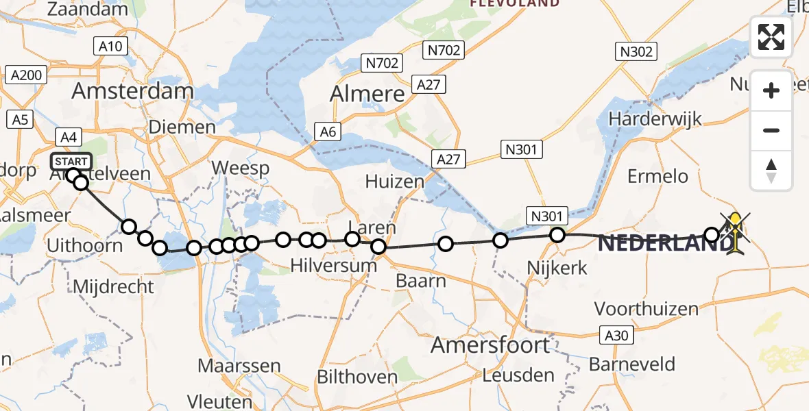 Routekaart van de vlucht: Politiehelikopter naar Ermelo, Fokkerweg