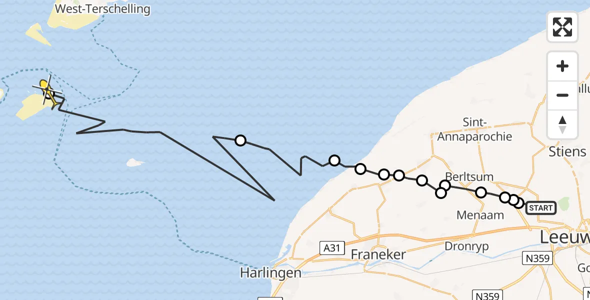 Routekaart van de vlucht: Ambulanceheli naar Vlieland, Alserterpaad