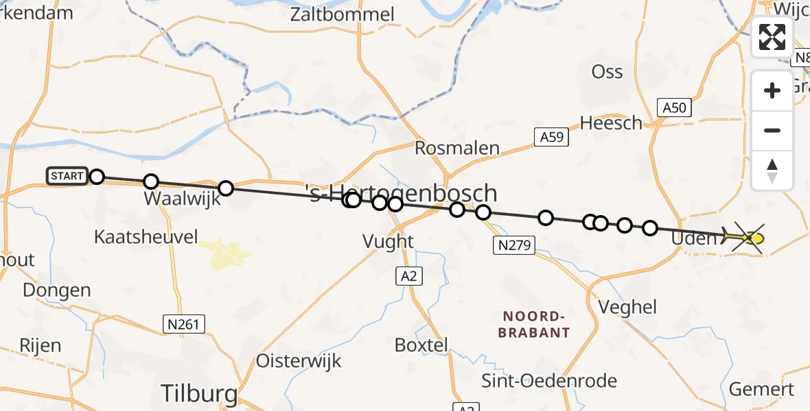 Routekaart van de vlucht: Politieheli naar Uden, Nederveenweg