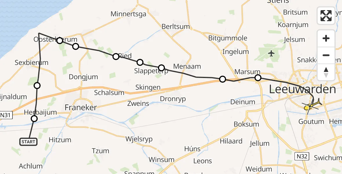Routekaart van de vlucht: Ambulanceheli naar Leeuwarden, Rijksweg