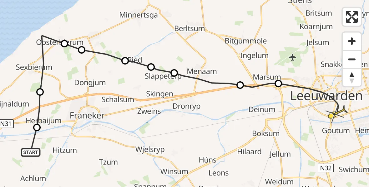 Routekaart van de vlucht: Ambulancehelikopter naar Leeuwarden, Rijksweg