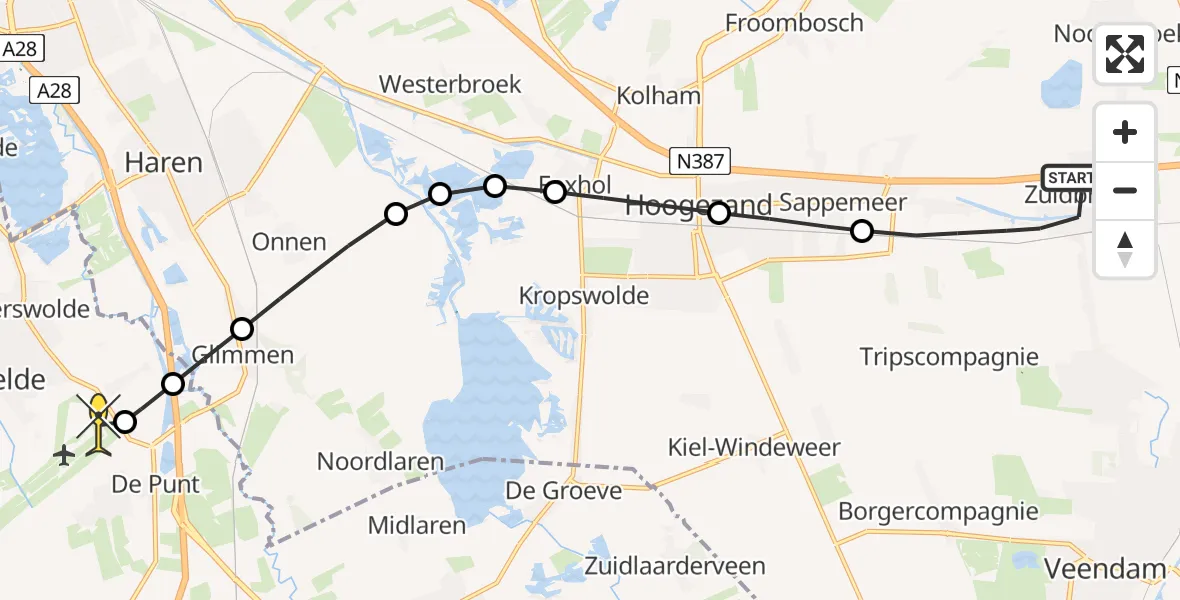 Routekaart van de vlucht: Lifeliner 4 naar Groningen Airport Eelde, De Akkers