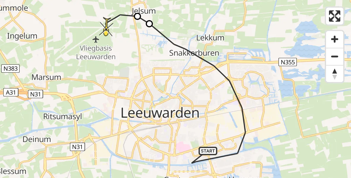 Vluchtroute Ambulancehelikopter van Leeuwarden naar Vliegbasis Leeuwarden