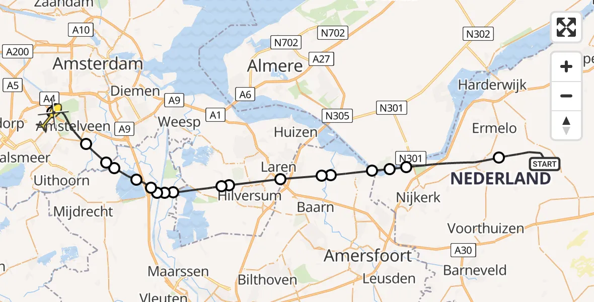 Routekaart van de vlucht: Politieheli naar Schiphol, Garderenseweg