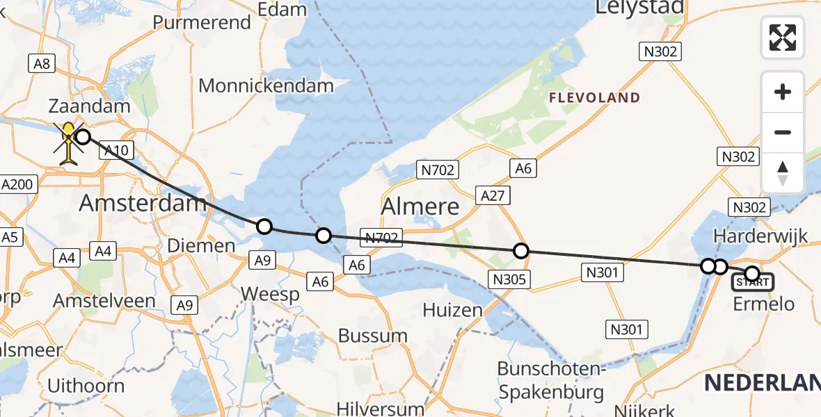 Routekaart van de vlucht: Lifeliner 1 naar Amsterdam Heliport, Schaffelaarhout