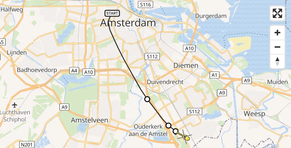 Routekaart van de vlucht: Lifeliner 1 naar Academisch Medisch Centrum (AMC), Bilderdijkkade