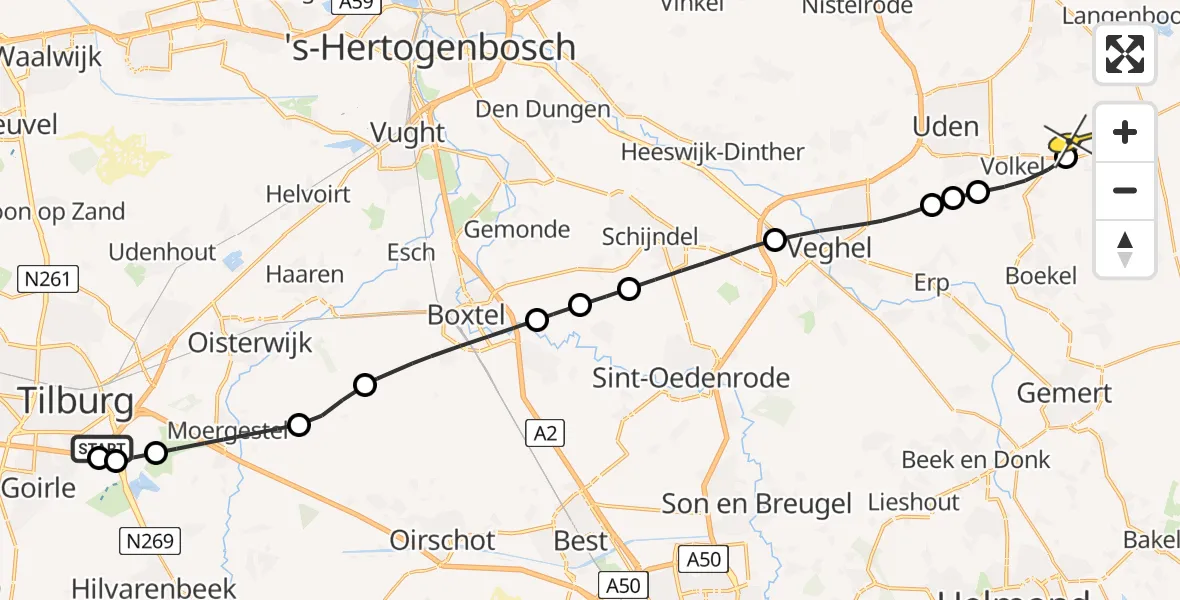 Routekaart van de vlucht: Lifeliner 3 naar Vliegbasis Volkel, Tilburgseweg