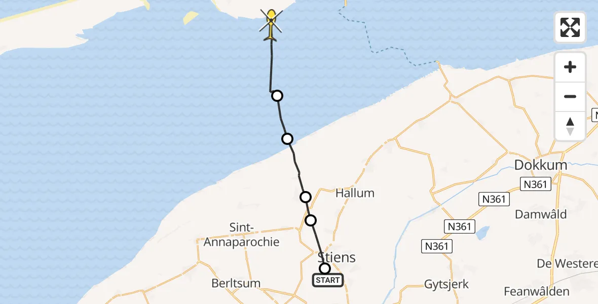 Routekaart van de vlucht: Ambulancehelikopter naar Ballum, Buerefinne