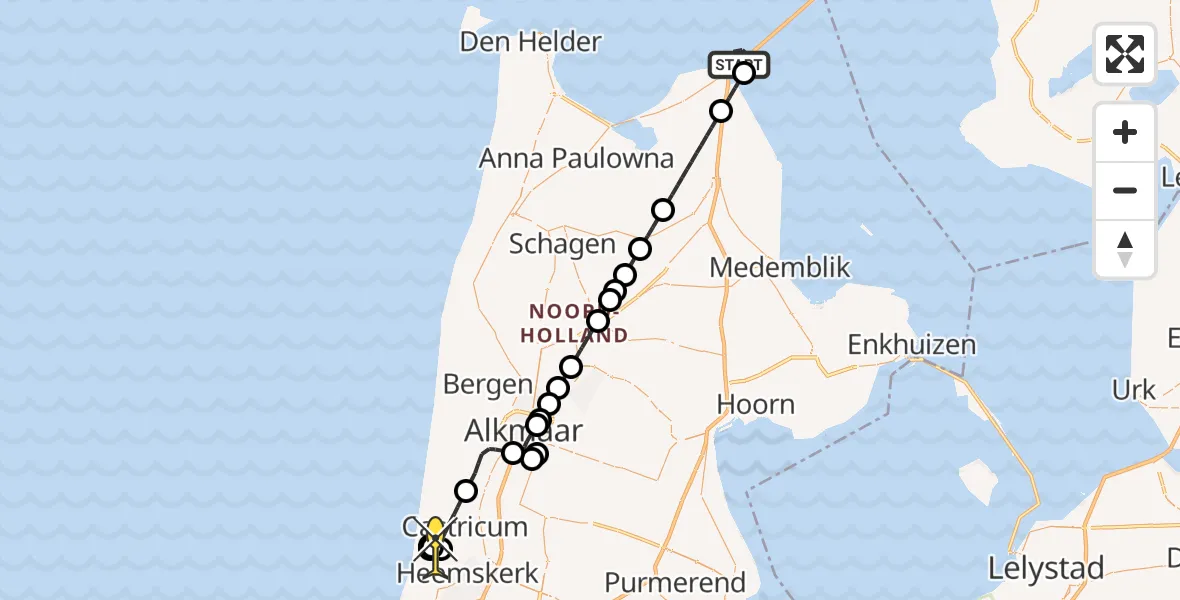 Routekaart van de vlucht: Kustwachthelikopter naar Castricum, Vaarwater naar Den Oever