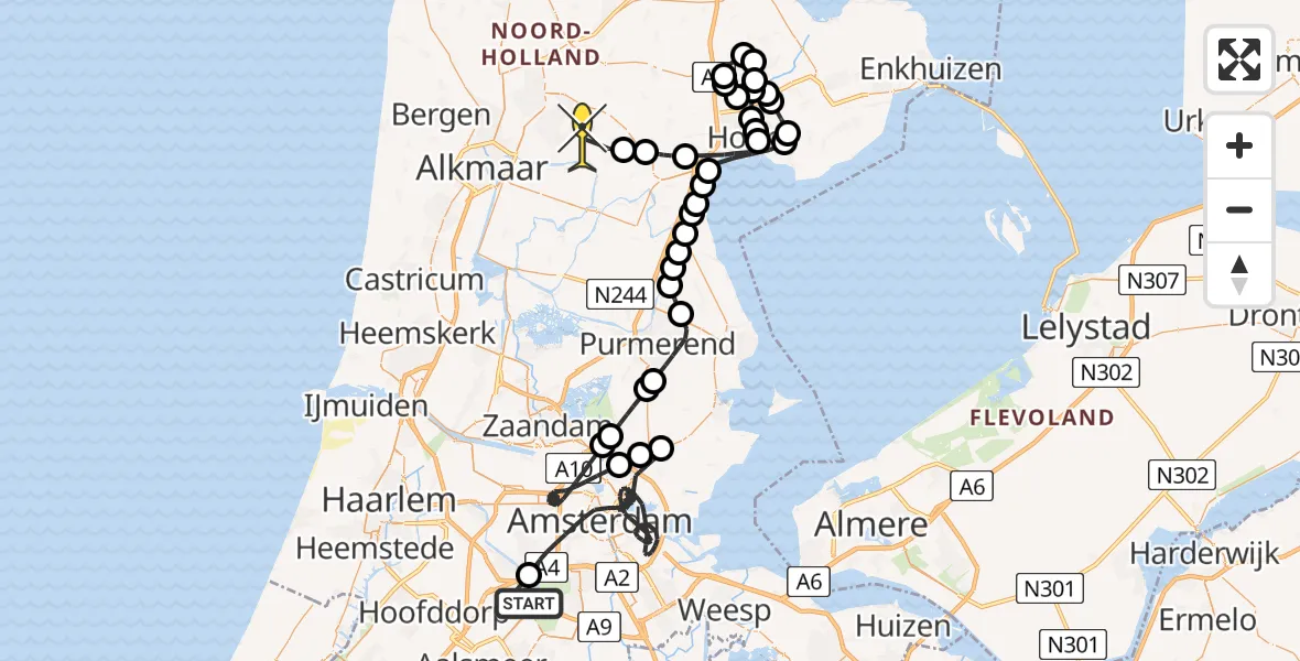 Routekaart van de vlucht: Politieheli naar Hensbroek, Amsterdam-Bataviaweg