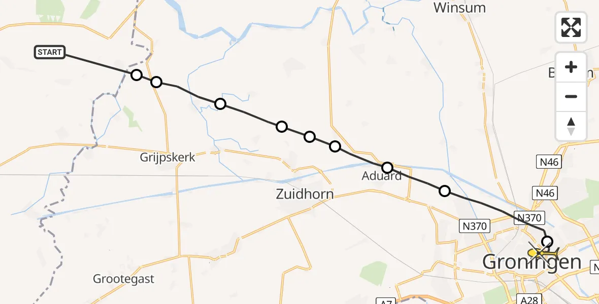 Routekaart van de vlucht: Ambulanceheli naar Universitair Medisch Centrum Groningen, Wester-Waarddijk