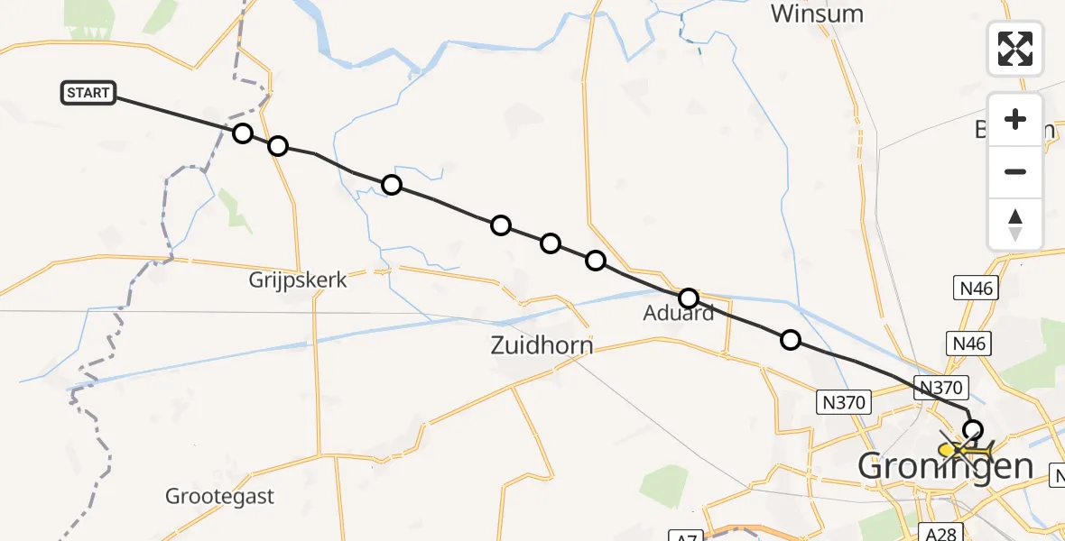 Routekaart van de vlucht: Ambulancehelikopter naar Universitair Medisch Centrum Groningen, Wester-Waarddijk