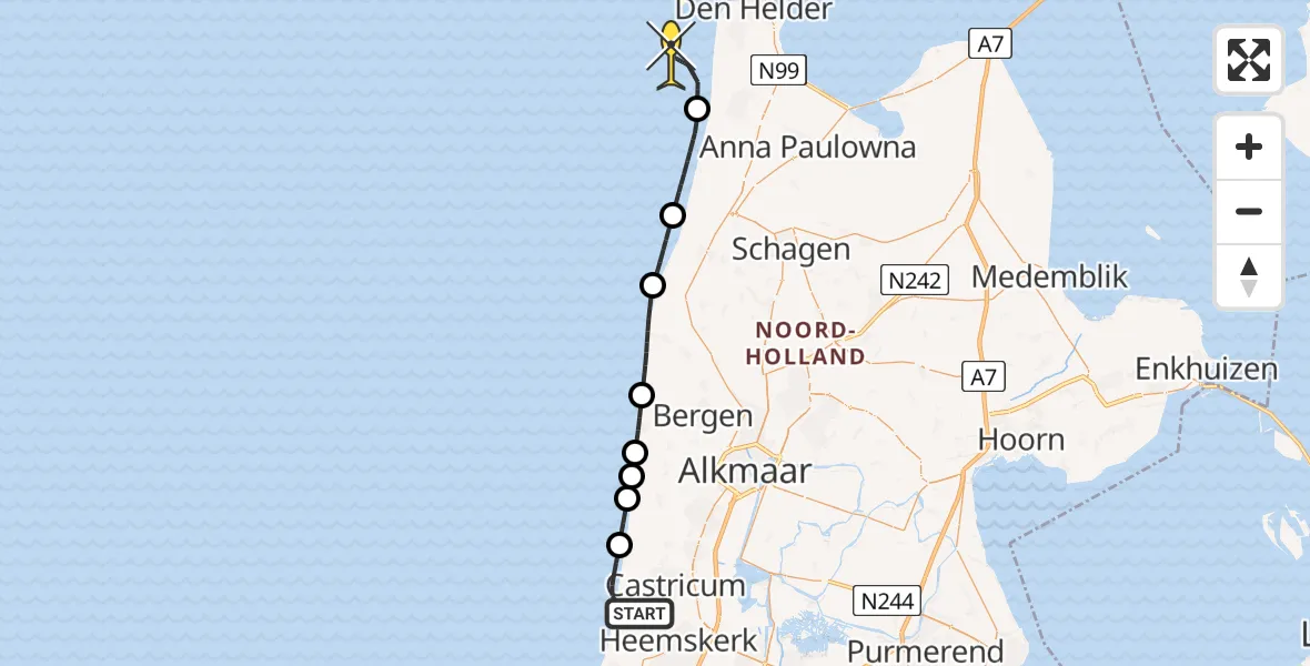 Routekaart van de vlucht: Kustwachthelikopter naar Den Helder, Meeuwenweg