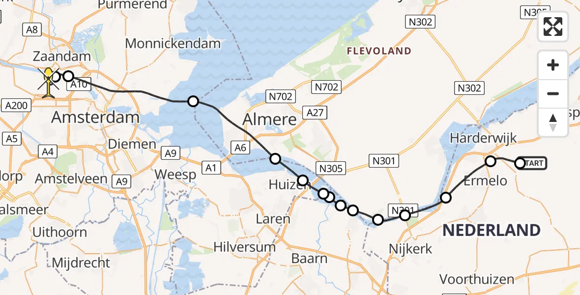 Routekaart van de vlucht: Traumaheli naar Amsterdam Heliport, Haspelpad