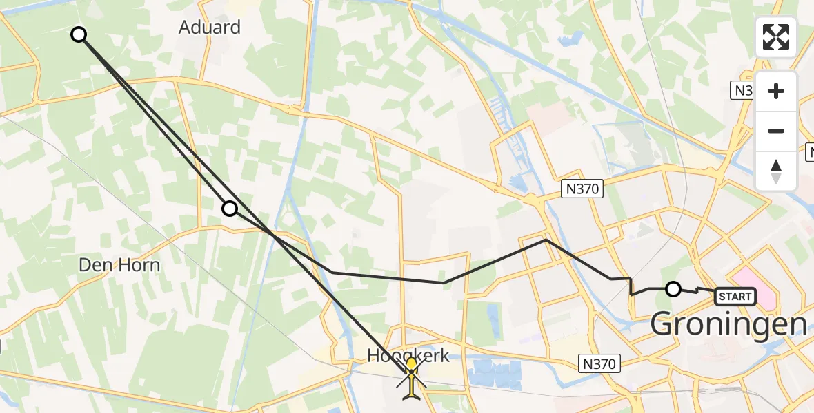 Routekaart van de vlucht: Ambulancehelikopter naar Groningen, Selwerderdwarsstraat