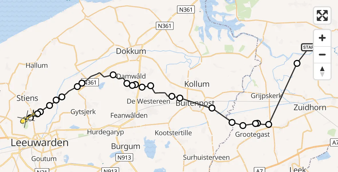 Routekaart van de vlucht: Ambulanceheli naar Vliegbasis Leeuwarden, Aalsumerweg