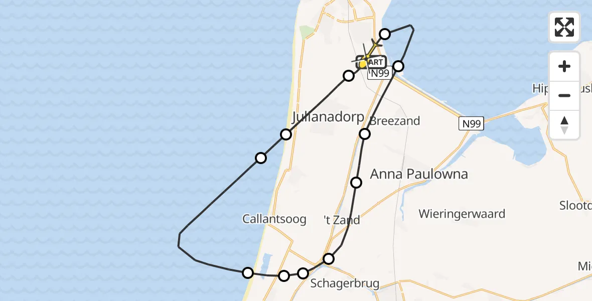 Routekaart van de vlucht: Kustwachthelikopter naar Vliegveld De Kooy, Middenvliet