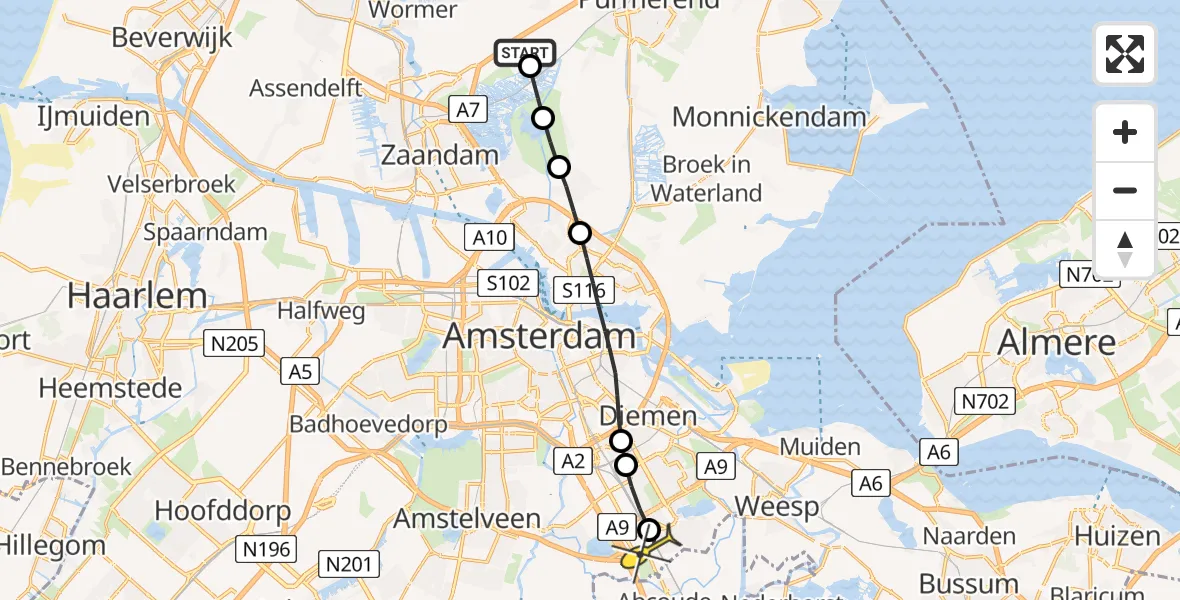 Routekaart van de vlucht: Lifeliner 1 naar Academisch Medisch Centrum (AMC), Pietje Bol Sloot