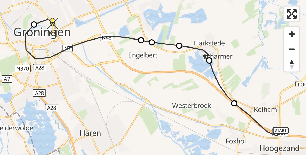 Routekaart van de vlucht: Lifeliner 4 naar Universitair Medisch Centrum Groningen, Poortweg