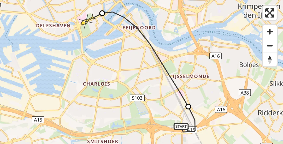 Routekaart van de vlucht: Lifeliner 2 naar Erasmus MC, Reijerwaardseweg