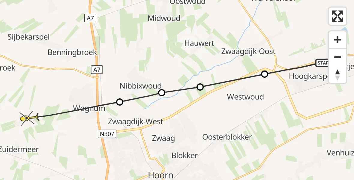Routekaart van de vlucht: Politieheli naar Wognum, Koolmees