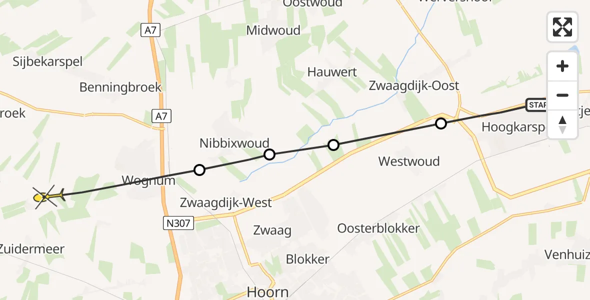Routekaart van de vlucht: Politiehelikopter naar Wognum, Koolmees