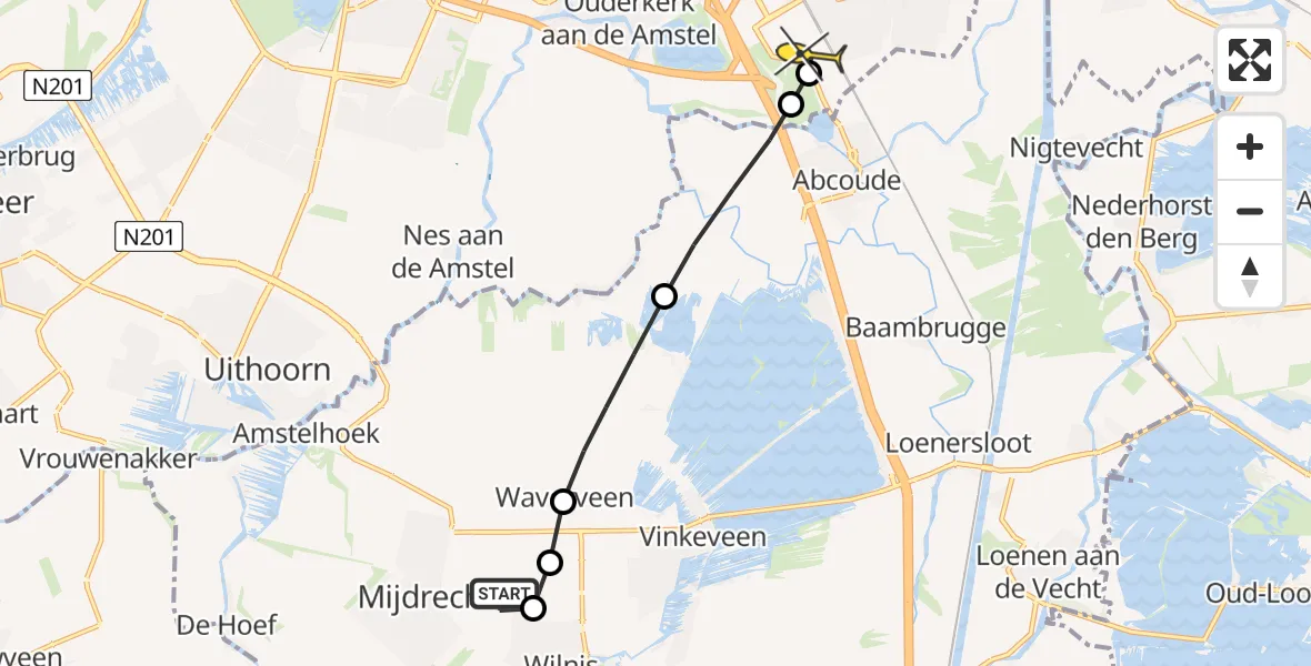 Routekaart van de vlucht: Lifeliner 1 naar Academisch Medisch Centrum (AMC), Mijdrechtse Dwarstocht