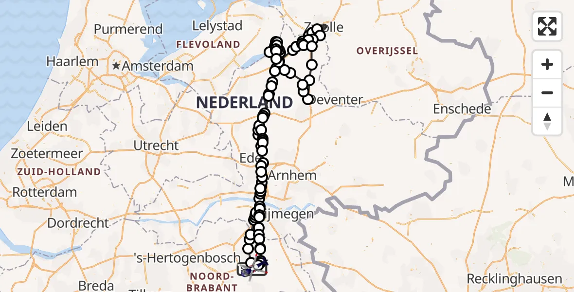 Vluchtroute Politiehelikopter van Vliegbasis Volkel naar Vliegbasis Volkel