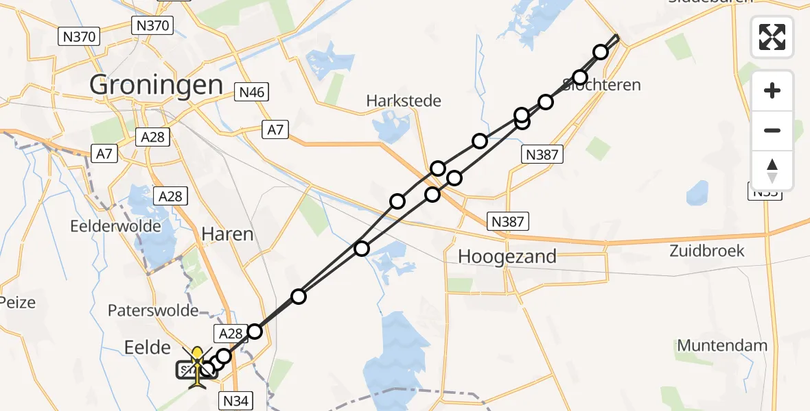 Routekaart van de vlucht: Lifeliner 4 naar Groningen Airport Eelde, Burgemeester J.G. Legroweg