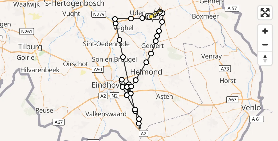 Routekaart van de vlucht: Politieheli naar Vliegbasis Volkel, Zeelandsedijk