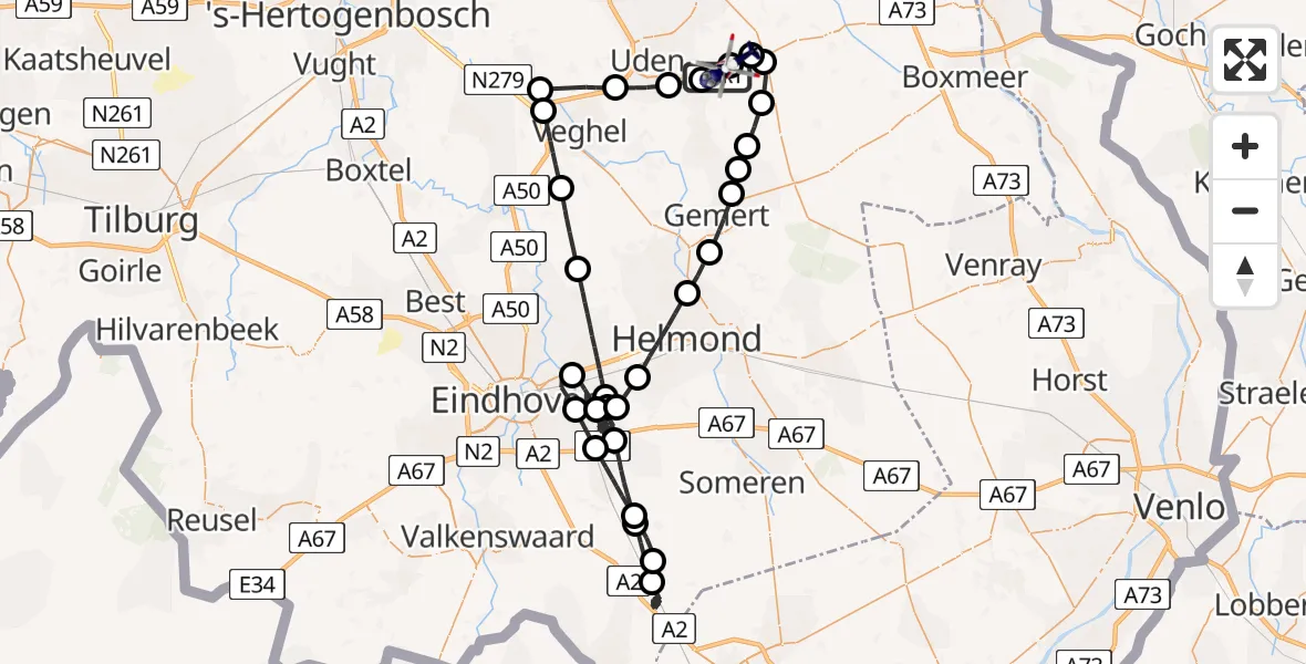 Vluchtroute Politiehelikopter van Vliegbasis Volkel naar Vliegbasis Volkel