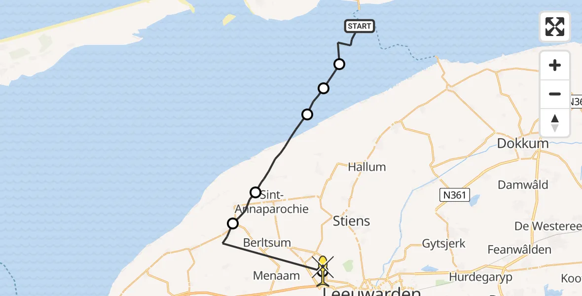 Routekaart van de vlucht: Ambulanceheli naar Marsum, Franjumbuorren