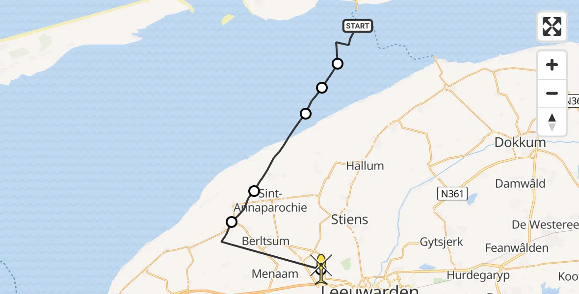 Routekaart van de vlucht: Ambulancehelikopter naar Marsum, Franjumbuorren