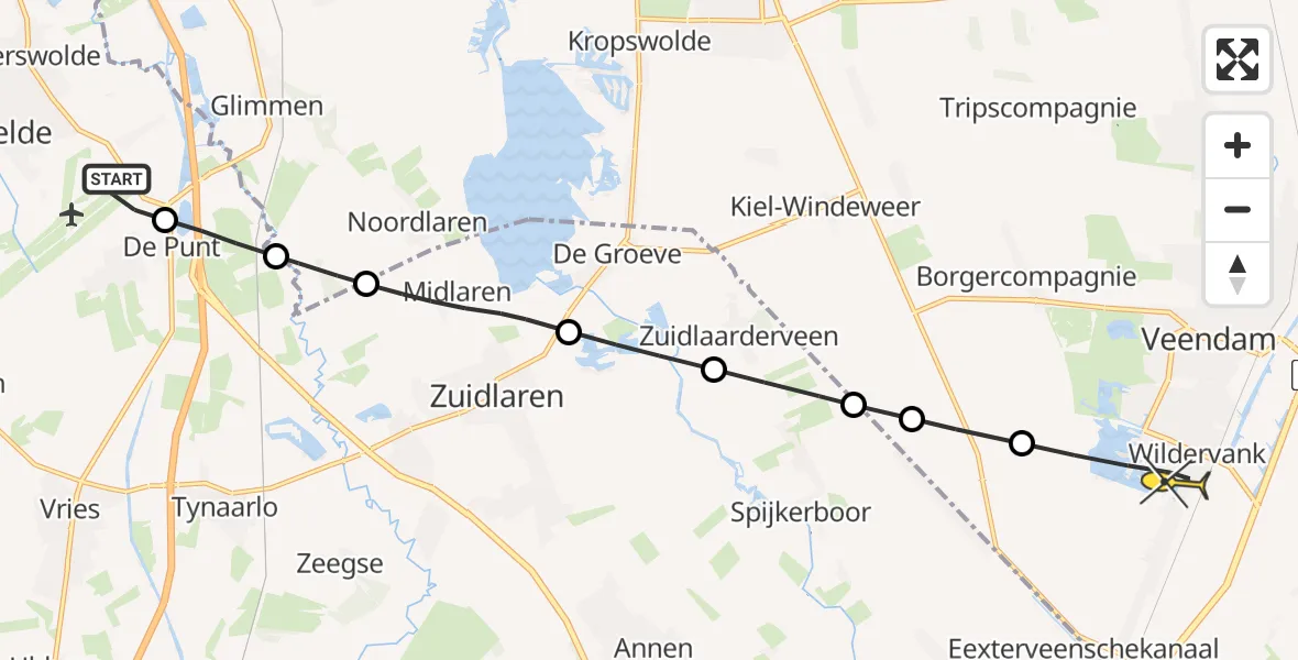 Routekaart van de vlucht: Lifeliner 4 naar Wildervank, Groningerstraat